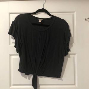 Light gray tie up shirt.